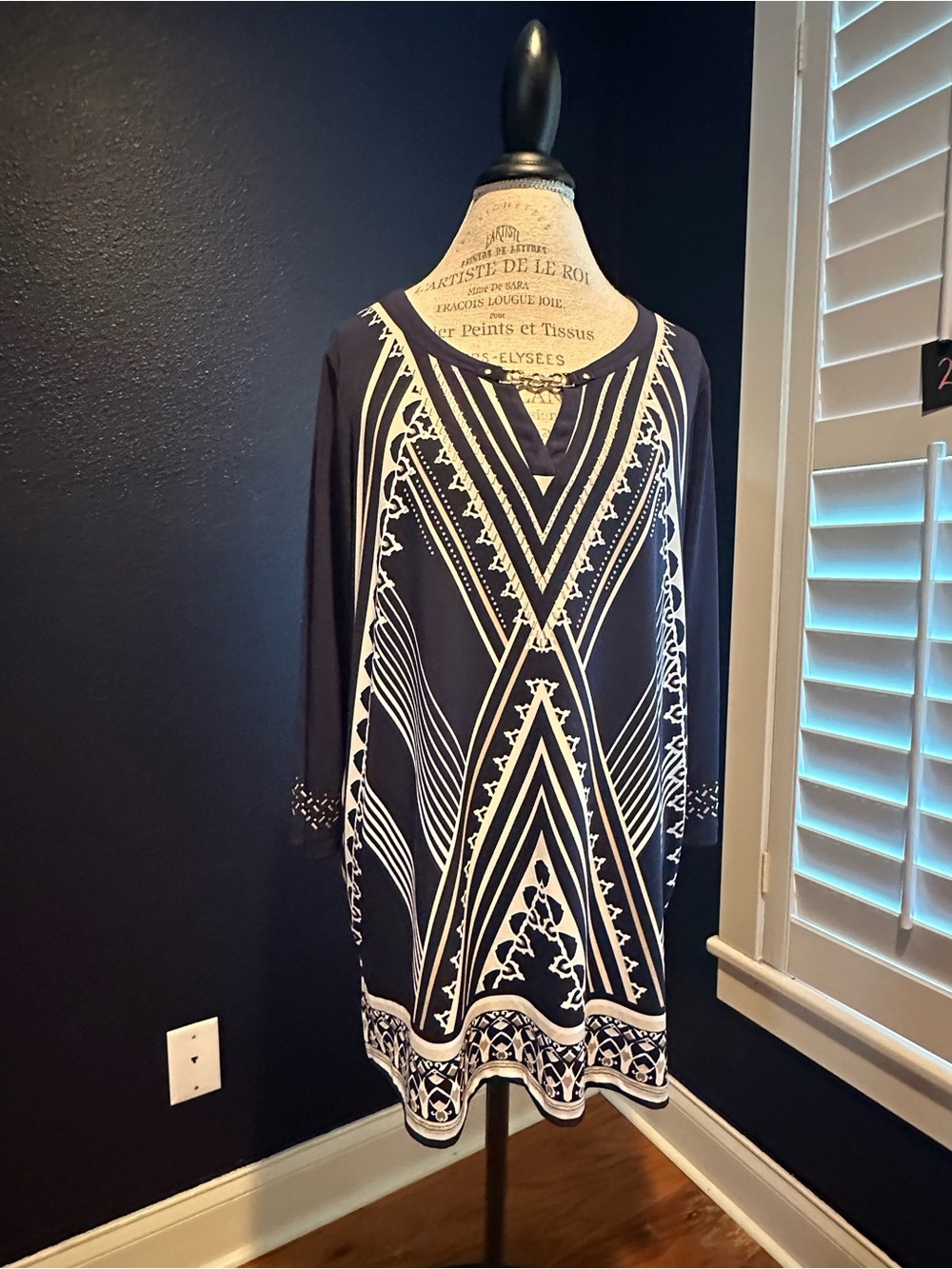 JM Collection Navy and White Geometric Tunic